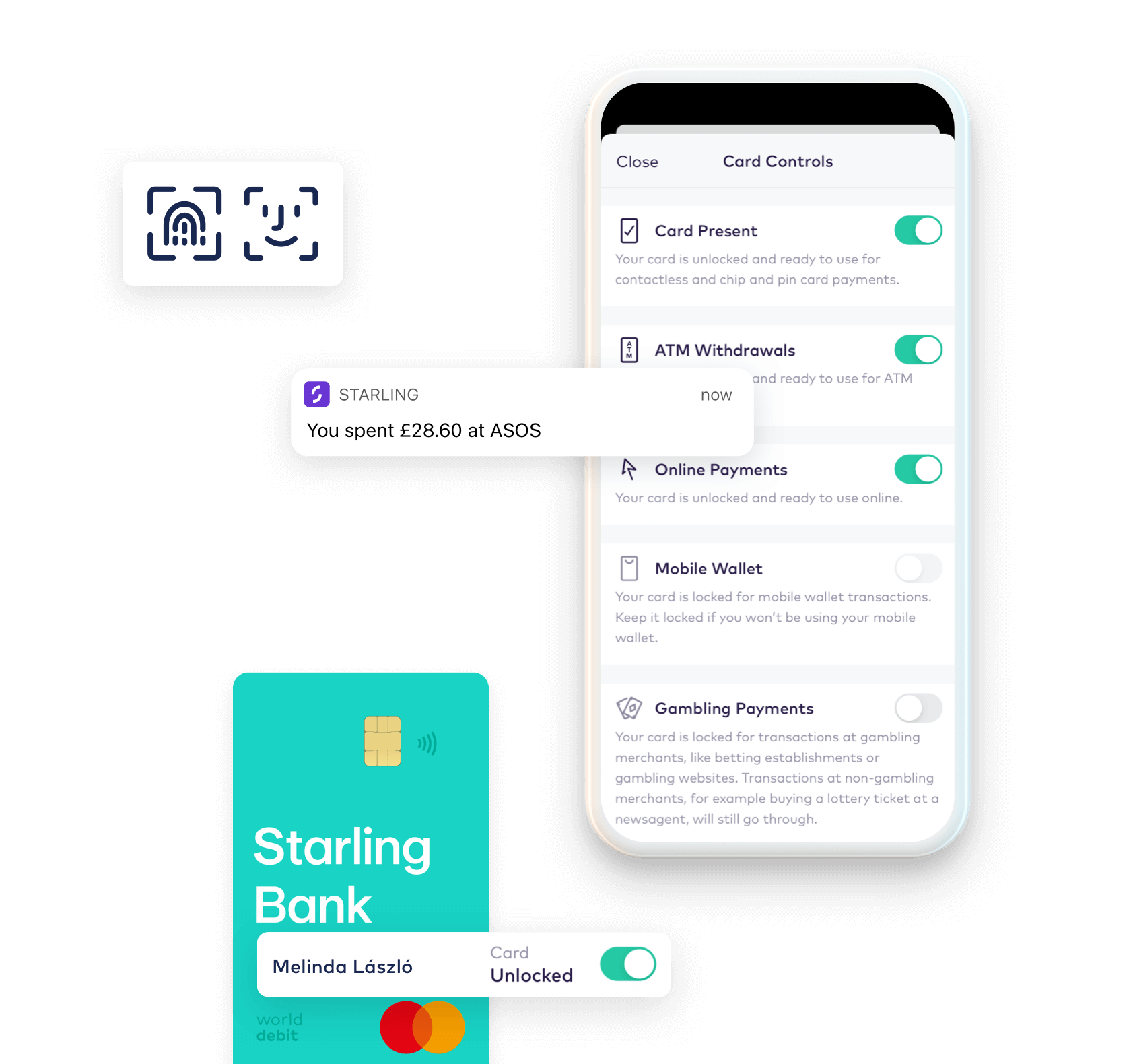 Starling app card controls screen and face-id logo