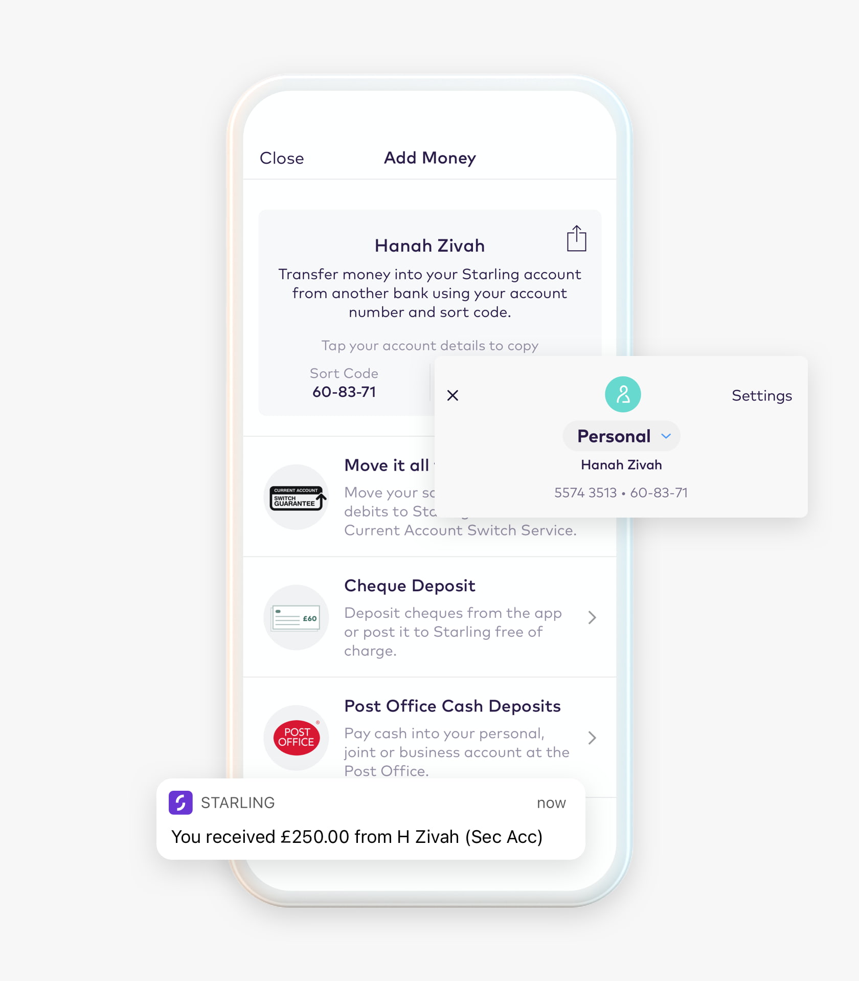 Adding money to Starling account on mobile