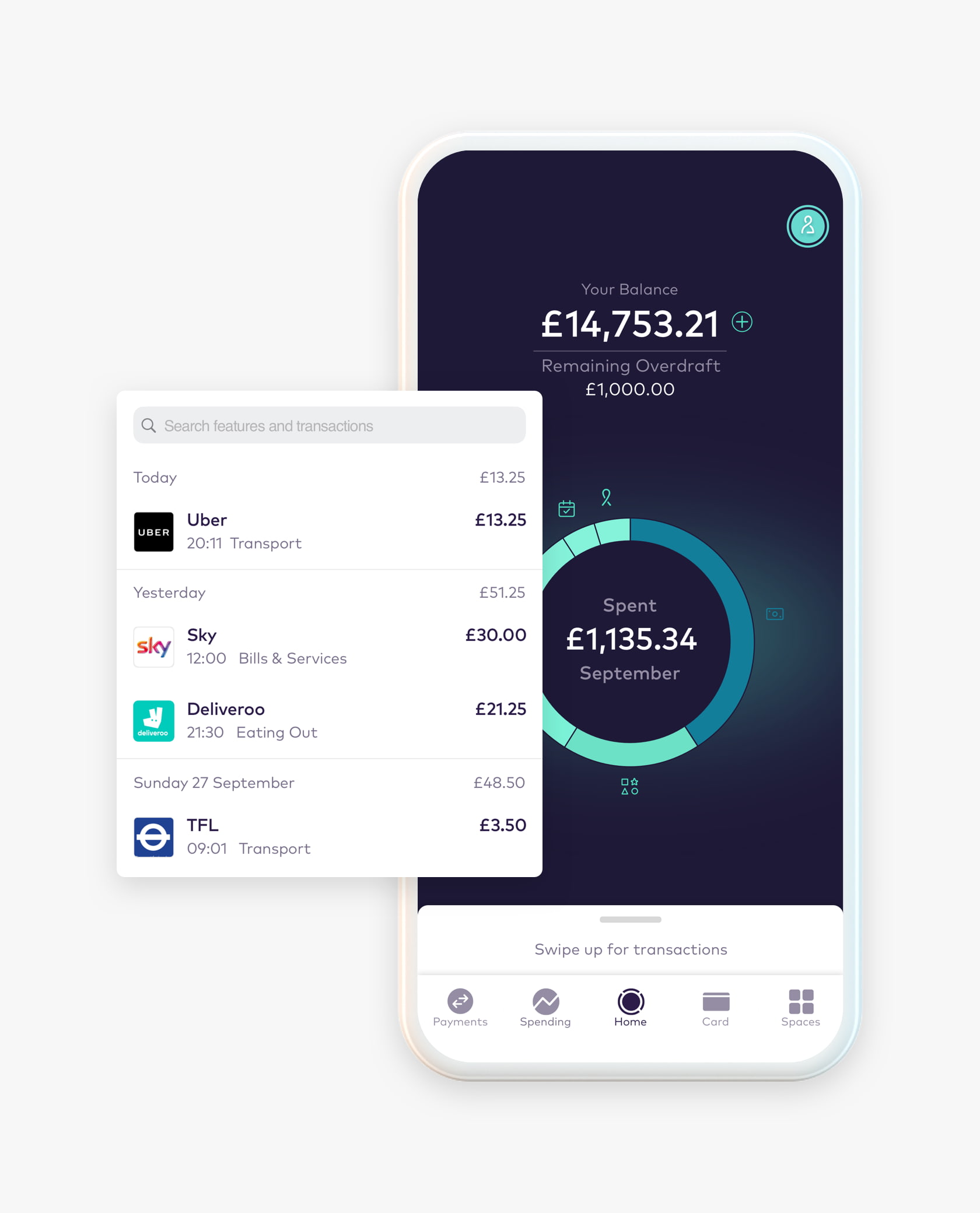 Starling app showing current balance and overdraft