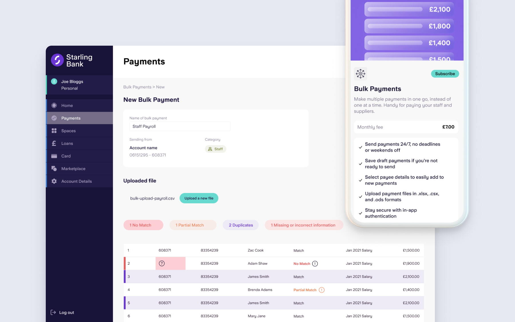online banking interface with bulk payments addon