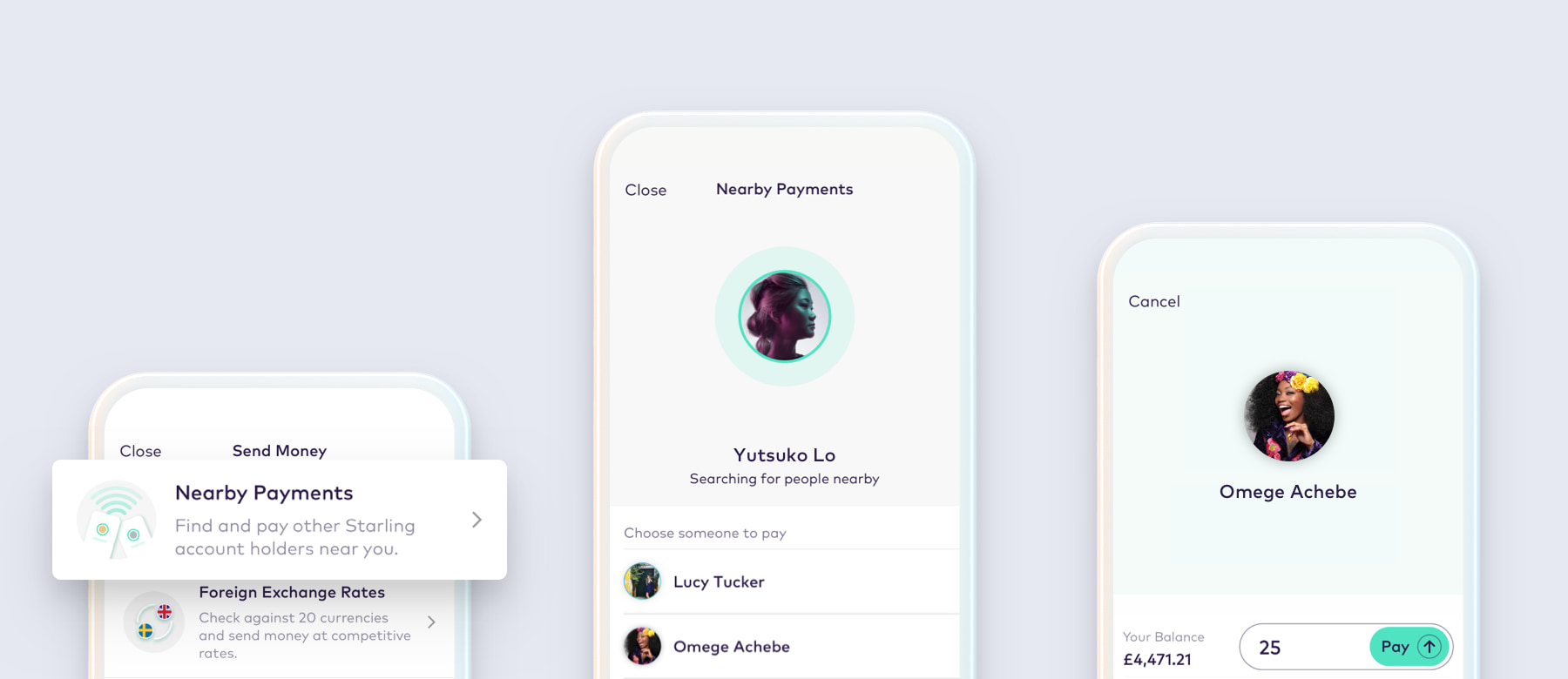 App screens showing sending money via Nearby Payments