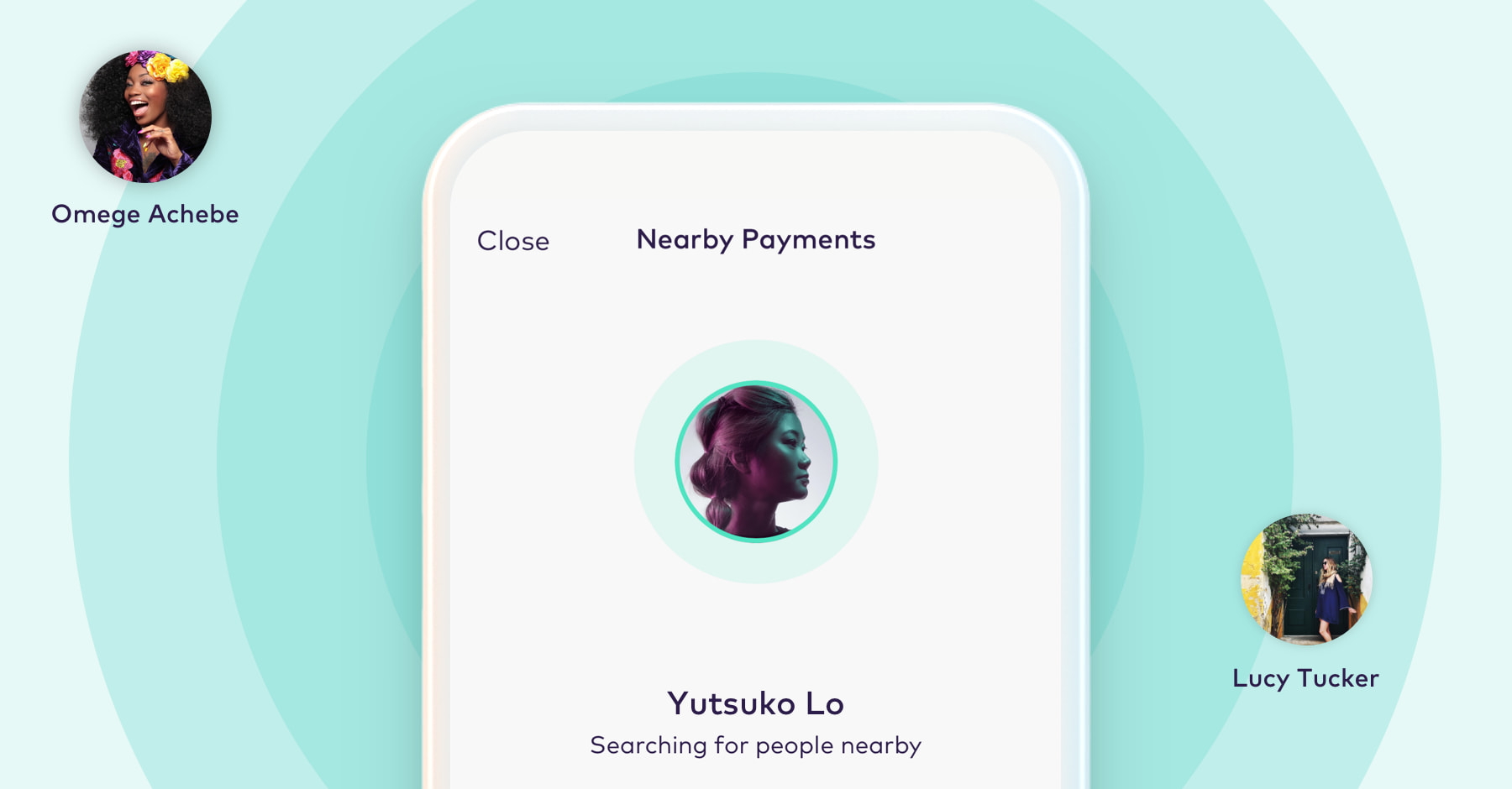 App screens showing selecting a payee to send a Nearby Payment to.