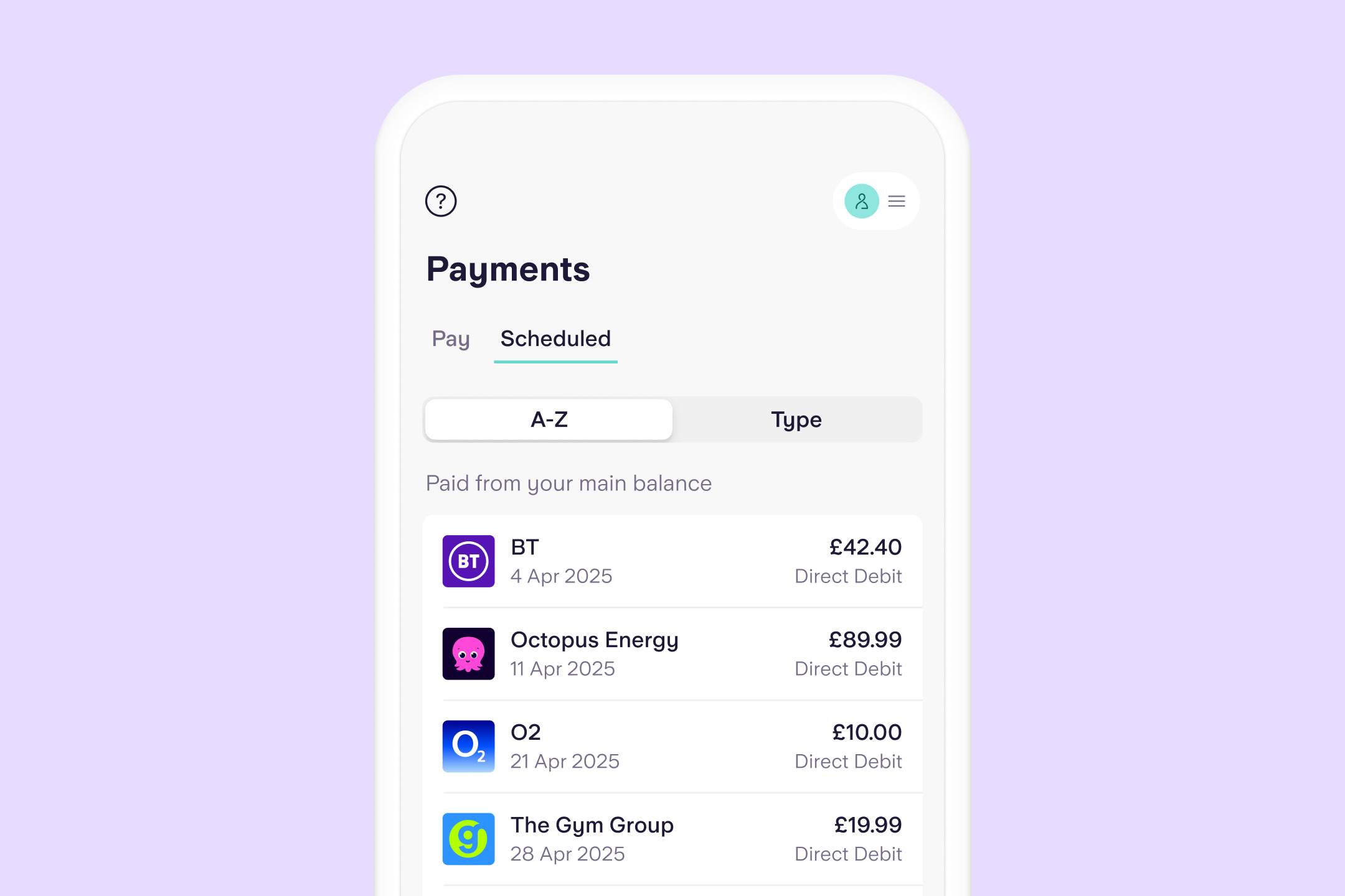 Screenshot of the Starling app showing a list of Direct Debits for BT, Octopus Energy, O2 and The Gym Group