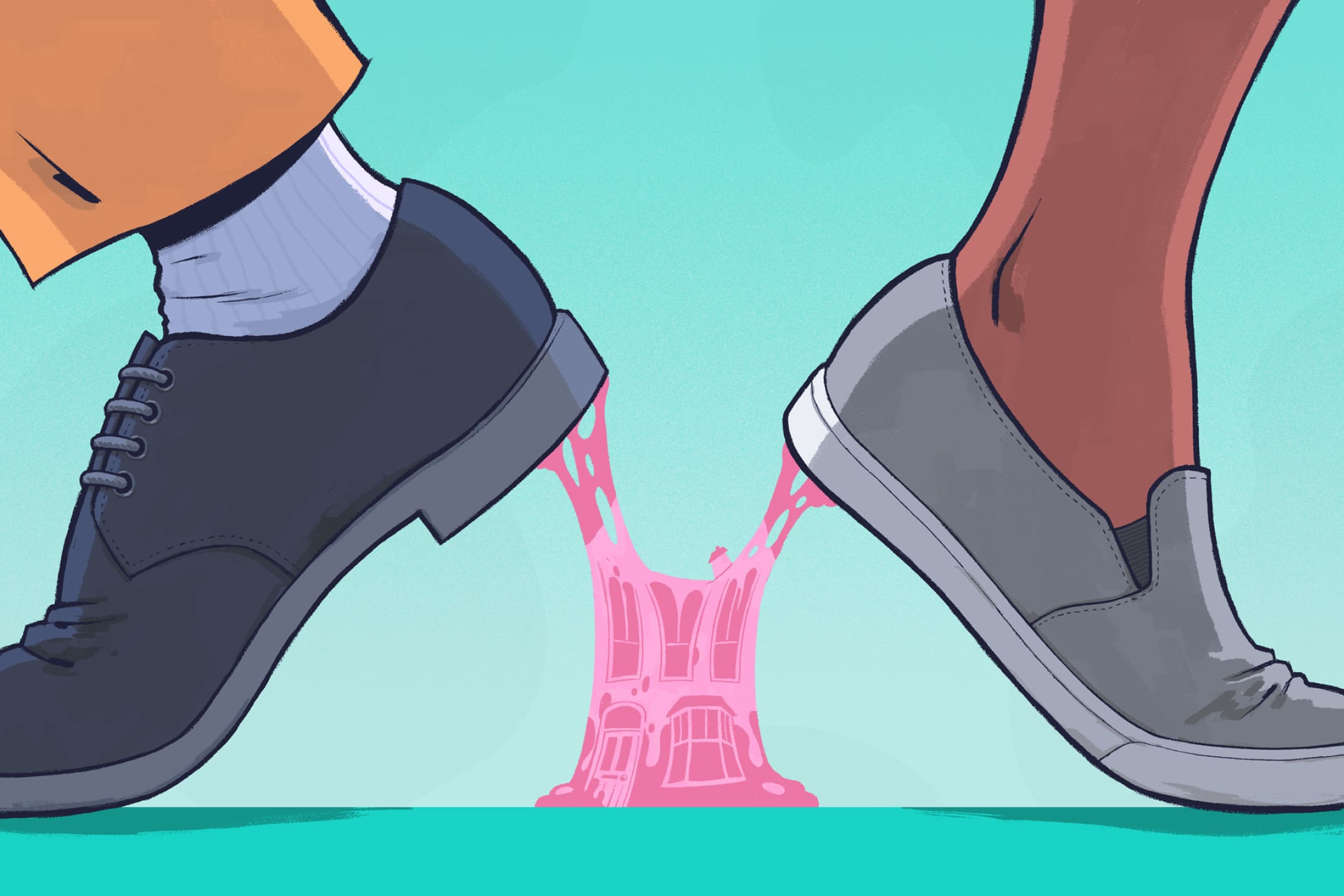 Illustration showing a man's foot and a woman's foot stuck in bubblegum that shows the image of the house. They are trying to walk away from each other but can't.