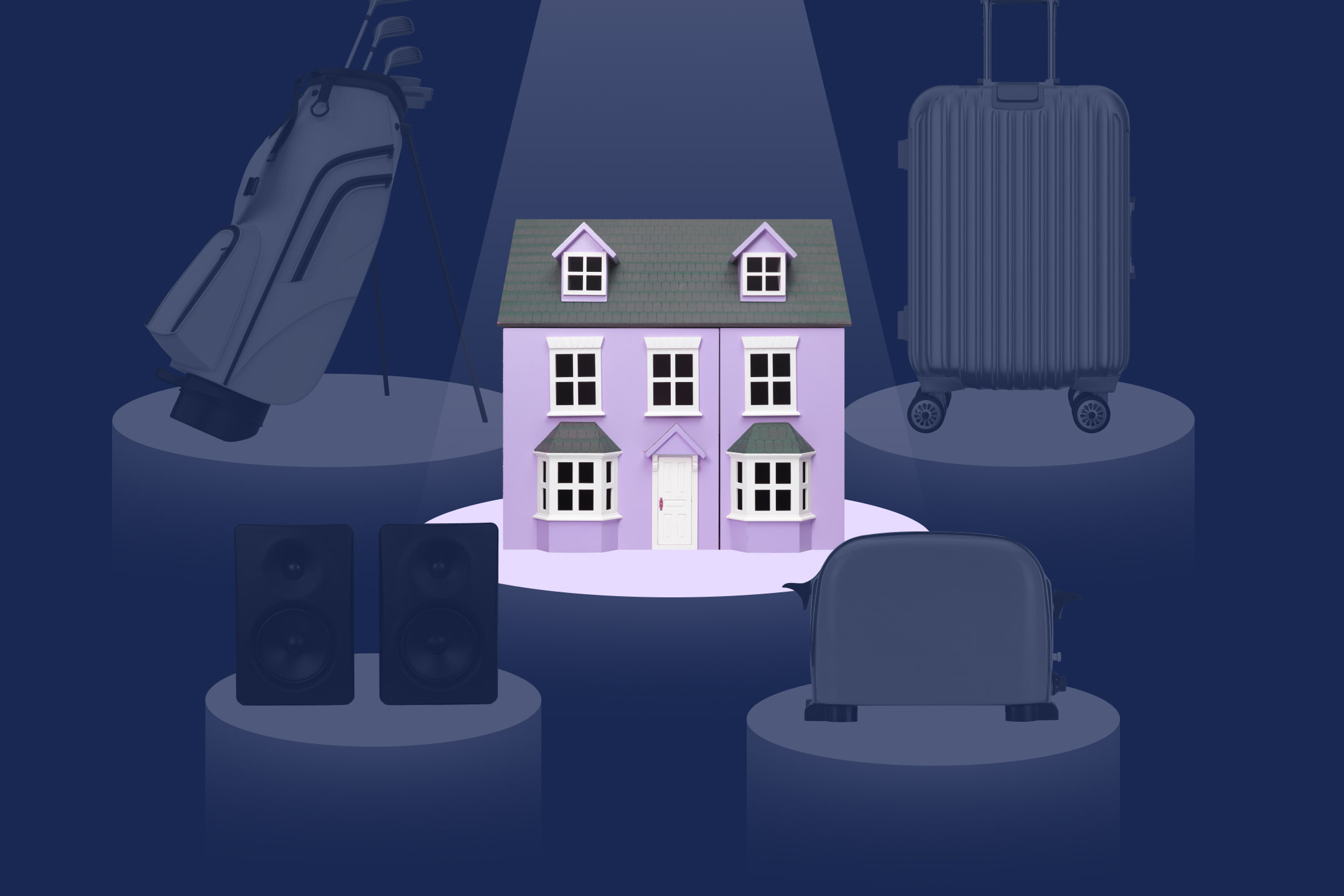 Illustration of a spotlight shining on a purple house with dormers