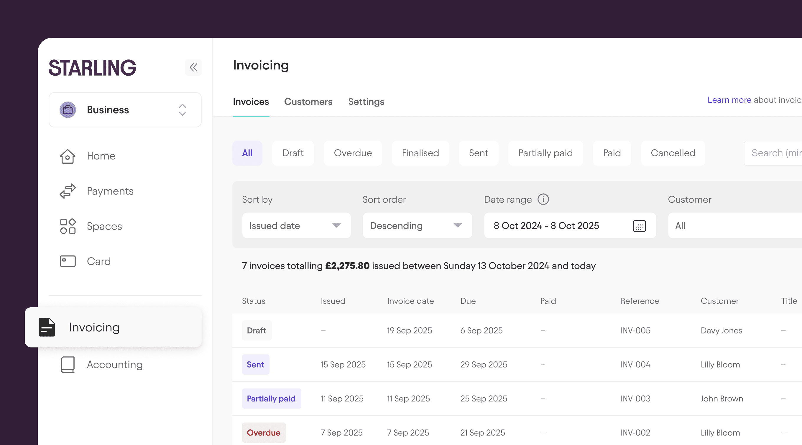 Invoicing tab in Starling's Online Banking