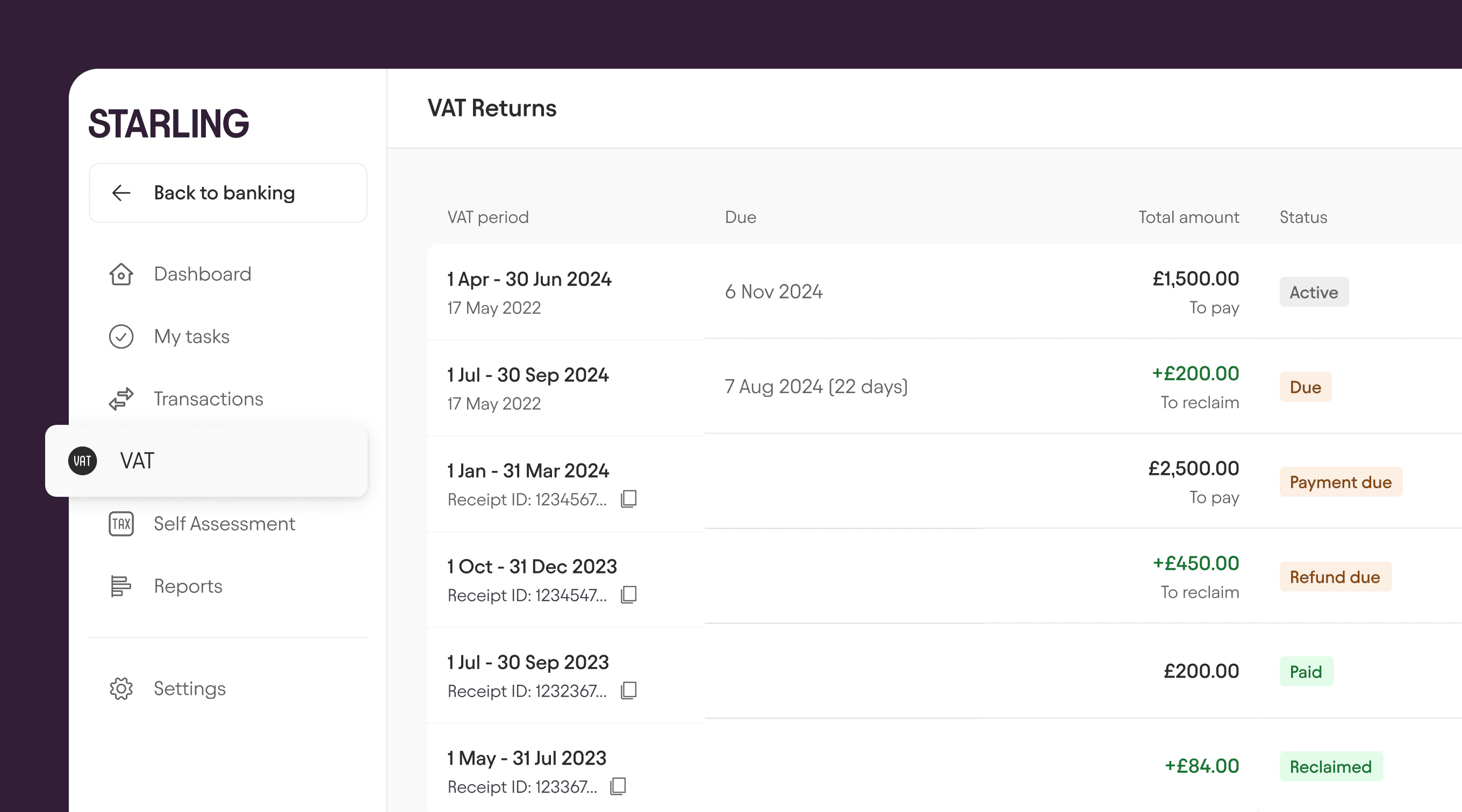 VAT tab in Starling's Online Banking