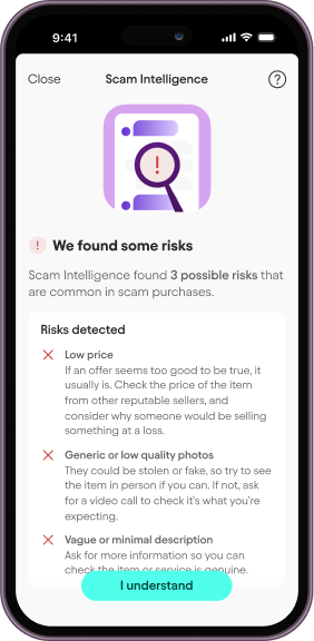 Starling app showing Scam Intelligence feature - detecting risks