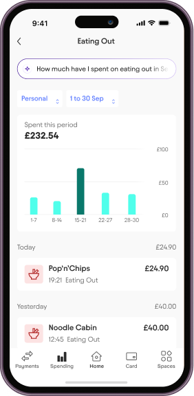 Starling mobile app showing Spending Intelligence feature