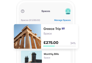 Greece Trip is highlighted in the Spaces section of the Starling app