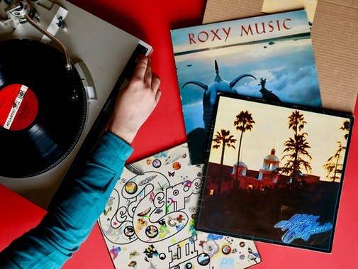 A selection of records and a record player.