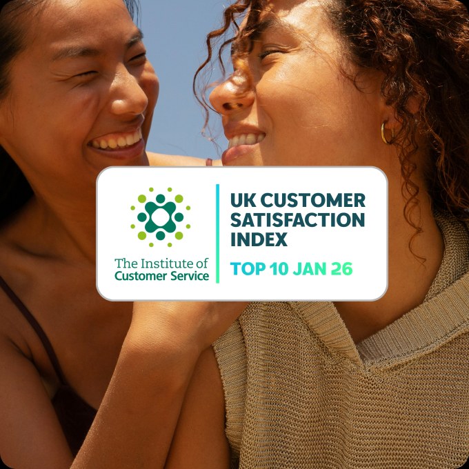 Badge showing "The Institute of Customer Service" logo, "Top 10 Jan 2026" on a background of two women looking cheerful