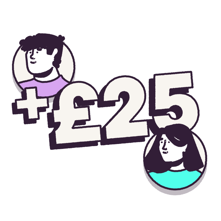 An illustration showing Starling customers receiving their £25 referral fee