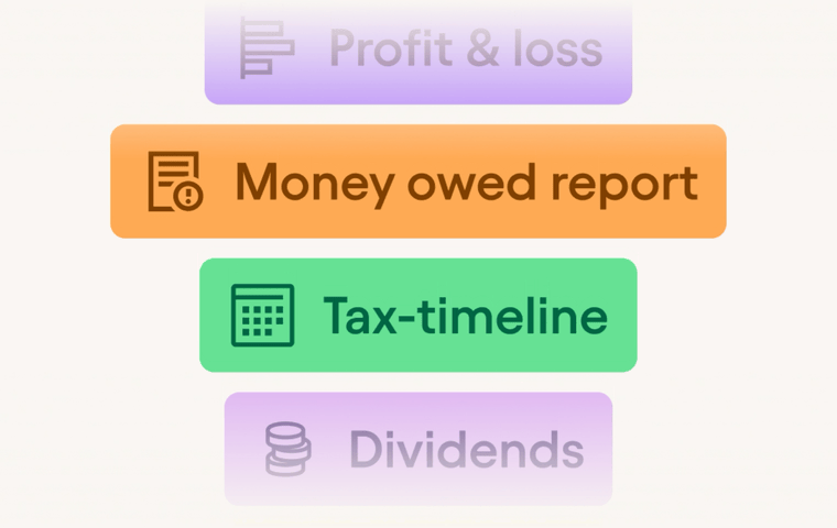 scrolling list of accounting features like vat returns, tax estimates, bookkeeping, quarterly updates, and to-do lists