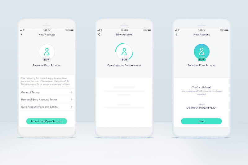 Three screenshots showing the onboarding process of opening a euro account