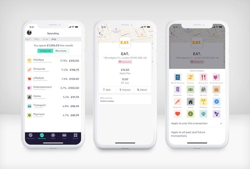 Three iPhone phone screens showing categorising spending.