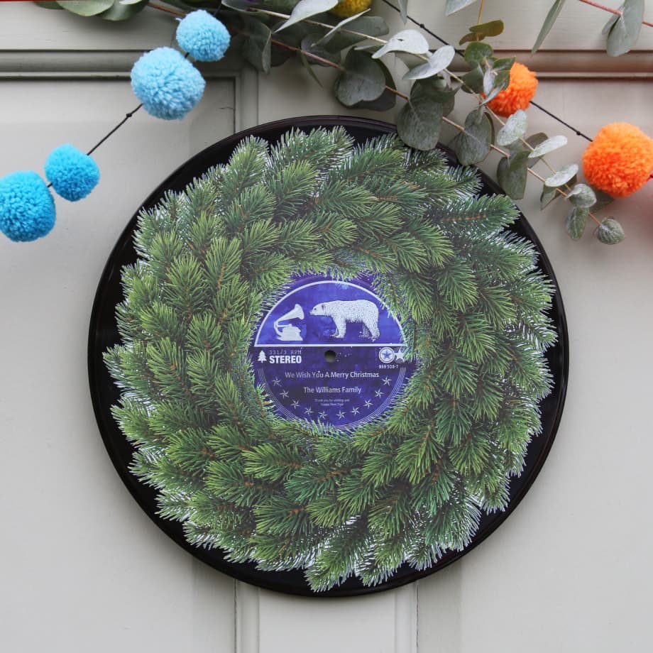 A tree wreath on a vinyl record