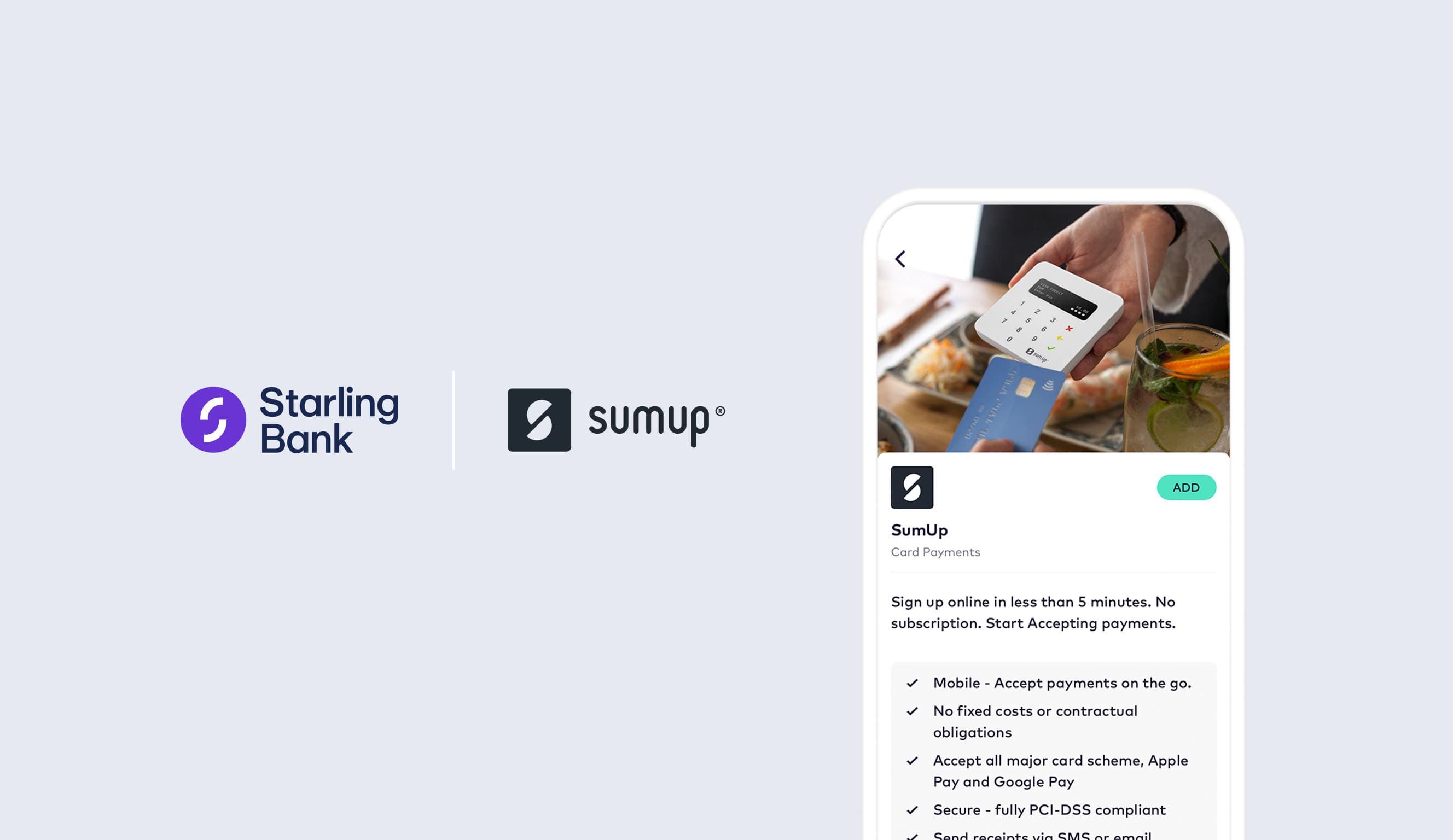 Image of the SumUp integration in the Starling app, with a photo of SumUp card reader taking a payment