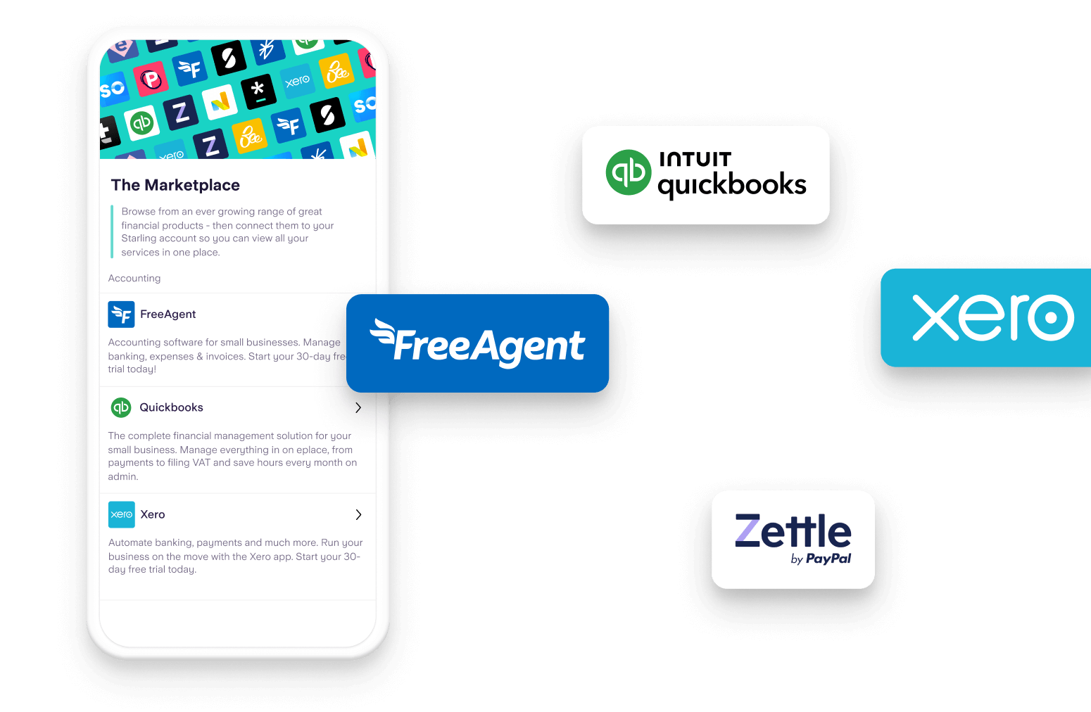 Business Marketplace app screen and logos