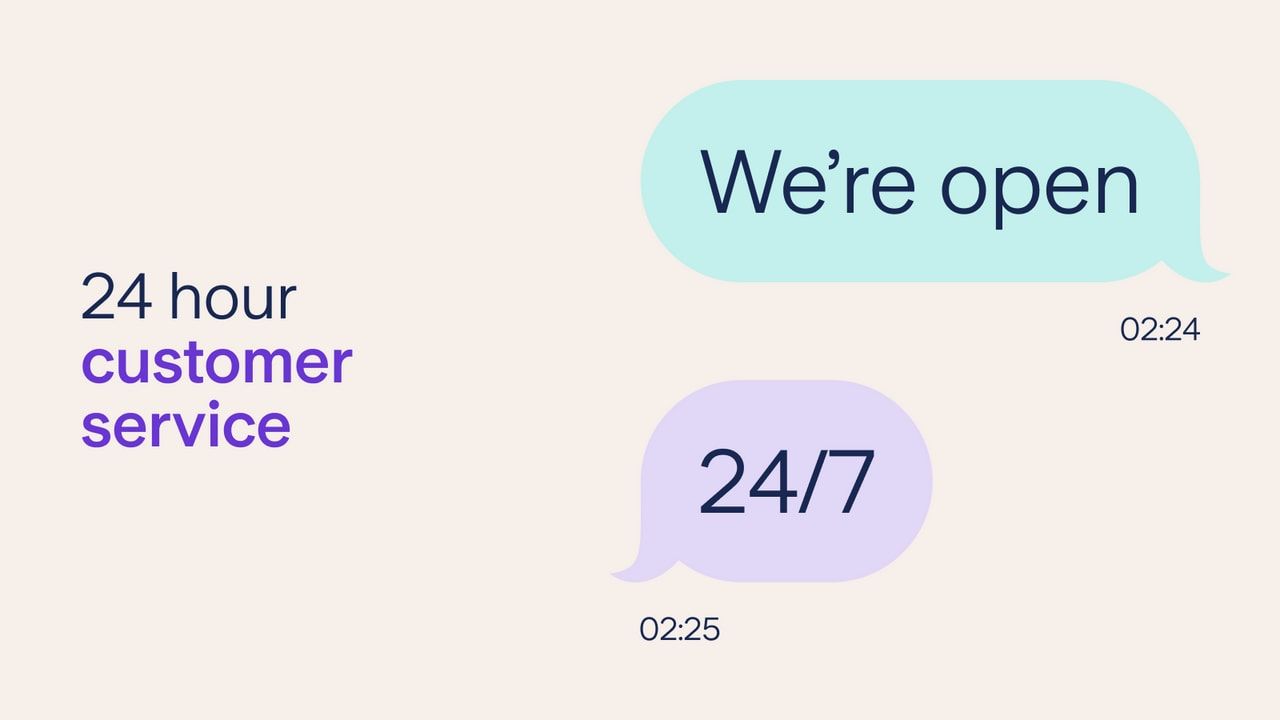 Text saying “24 hour customer service” next to an example of a text conversation saying “We’re open 24 7”